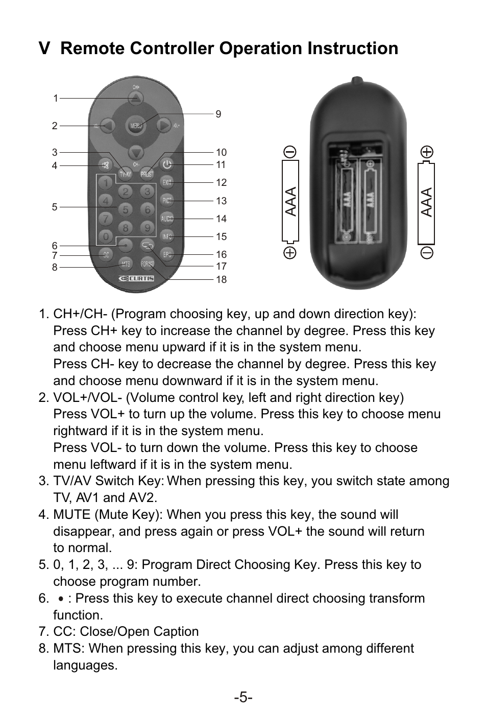 Т³гж 7, V remote controller operation instruction | Curtis LCD1105A User Manual | Page 7 / 21