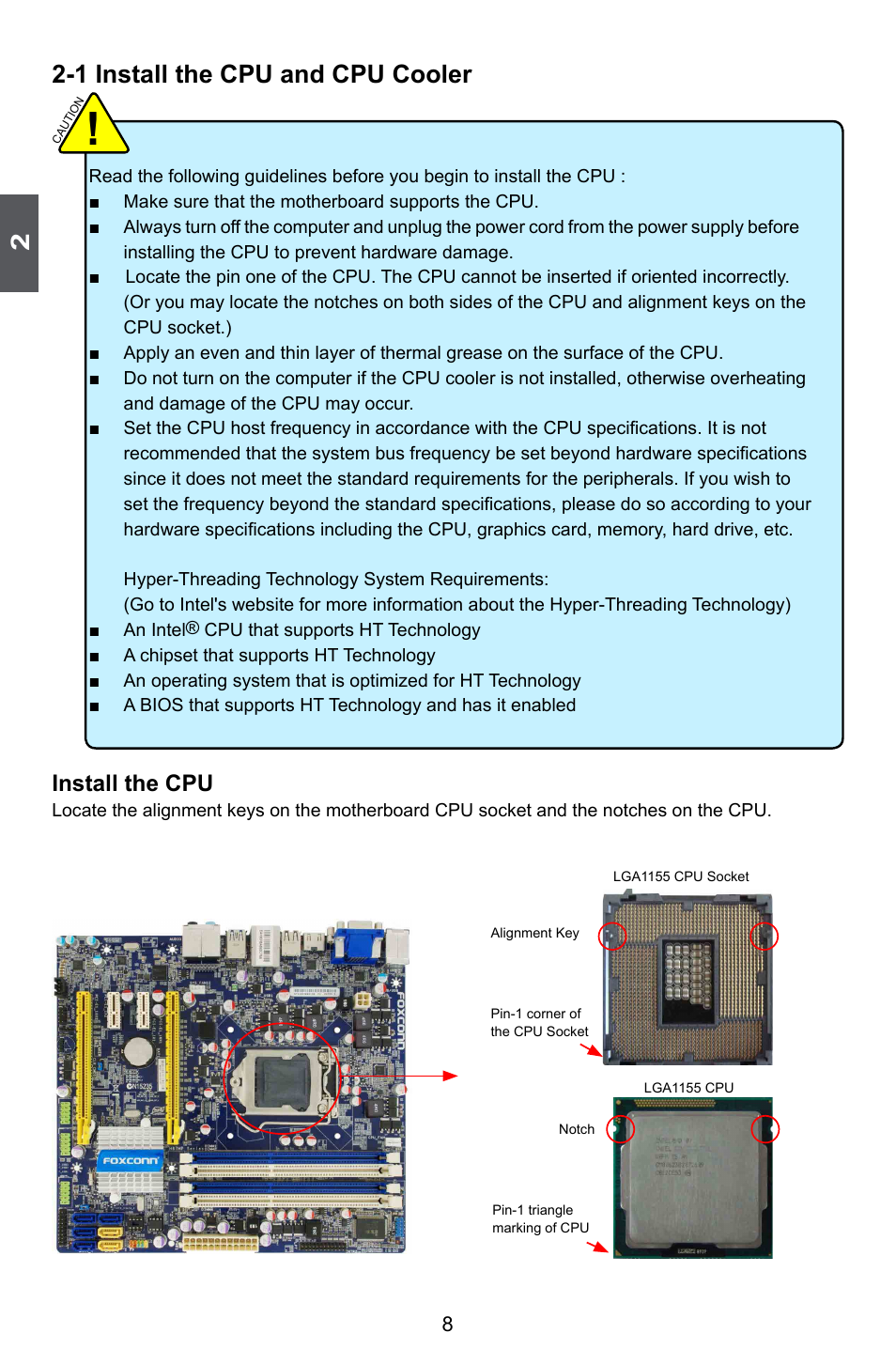 1 install the cpu and cpu cooler, Install the cpu | Foxconn H67MP Series User Manual | Page 15 / 108