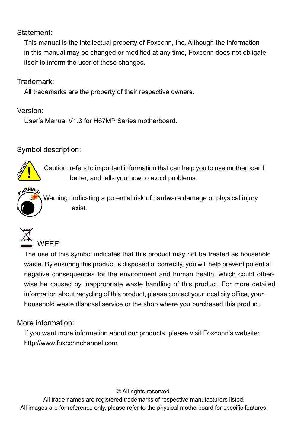 Foxconn H67MP Series User Manual | Page 2 / 108