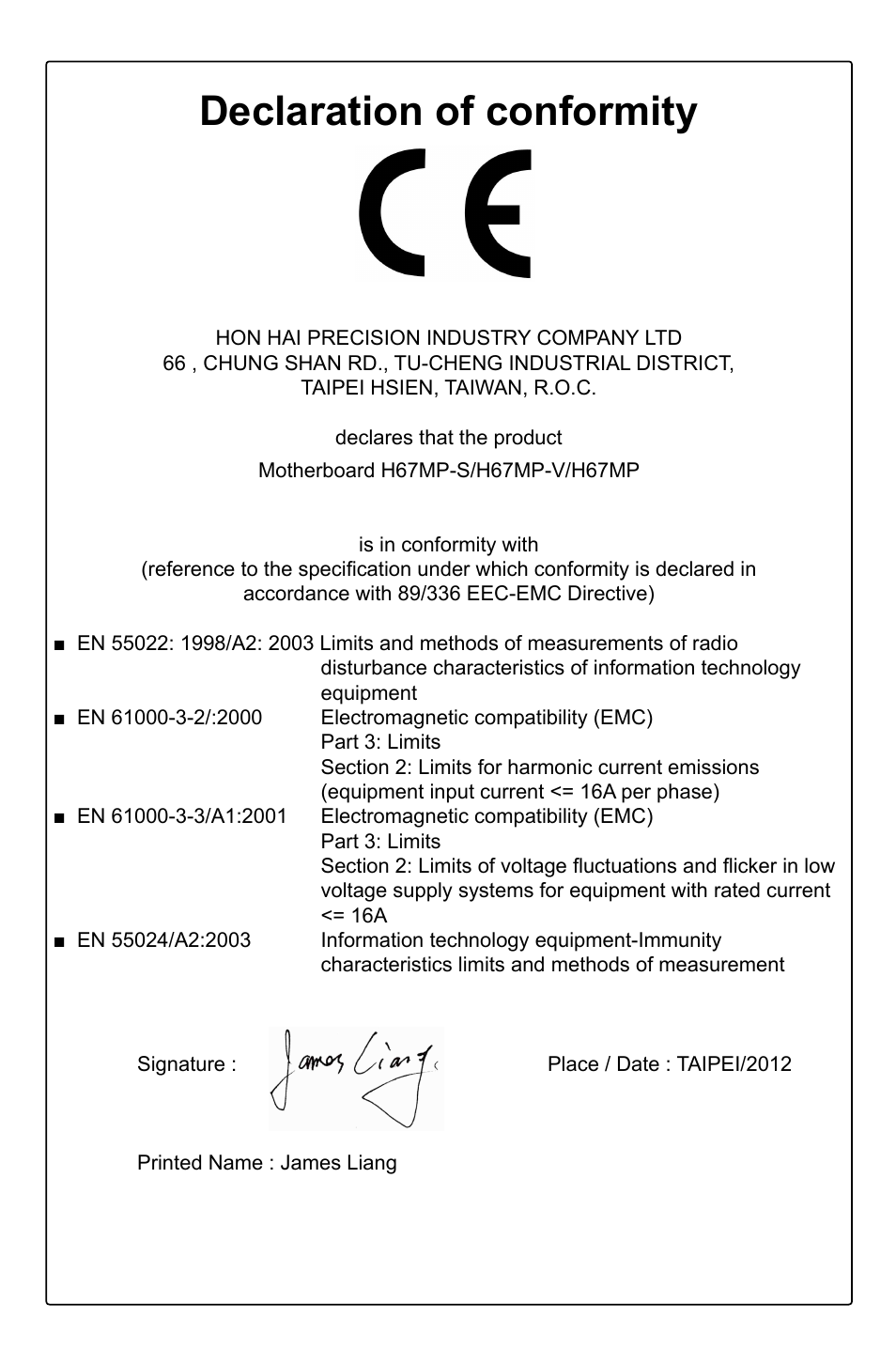 Declaration of conformity | Foxconn H67MP Series User Manual | Page 3 / 108