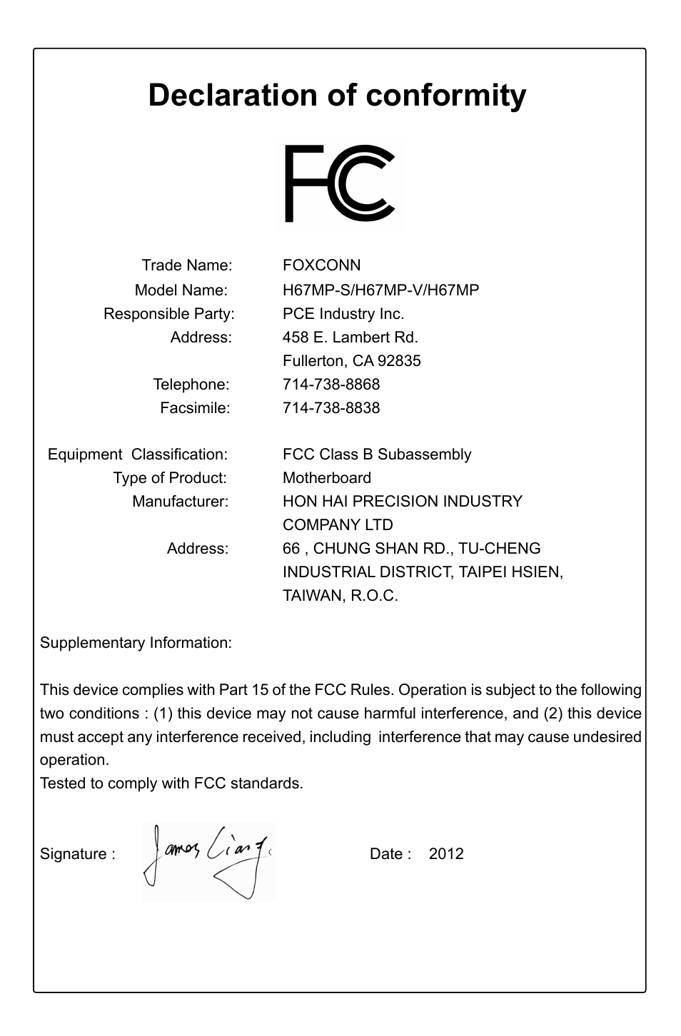 Declaration of conformity | Foxconn H67MP Series User Manual | Page 4 / 108