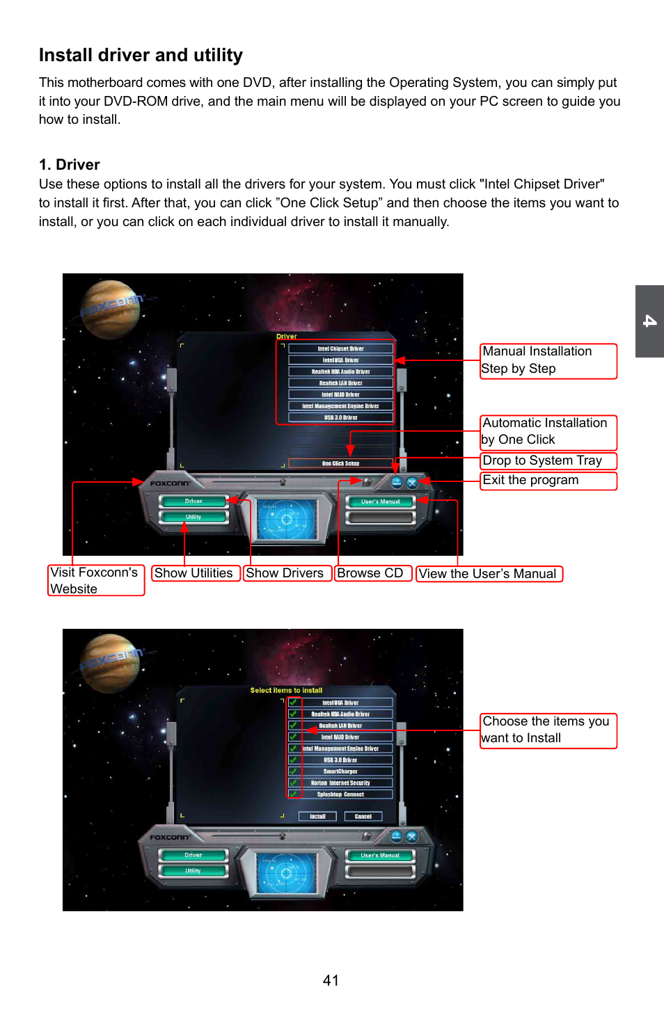 Install driver and utility | Foxconn H67MP Series User Manual | Page 48 / 108