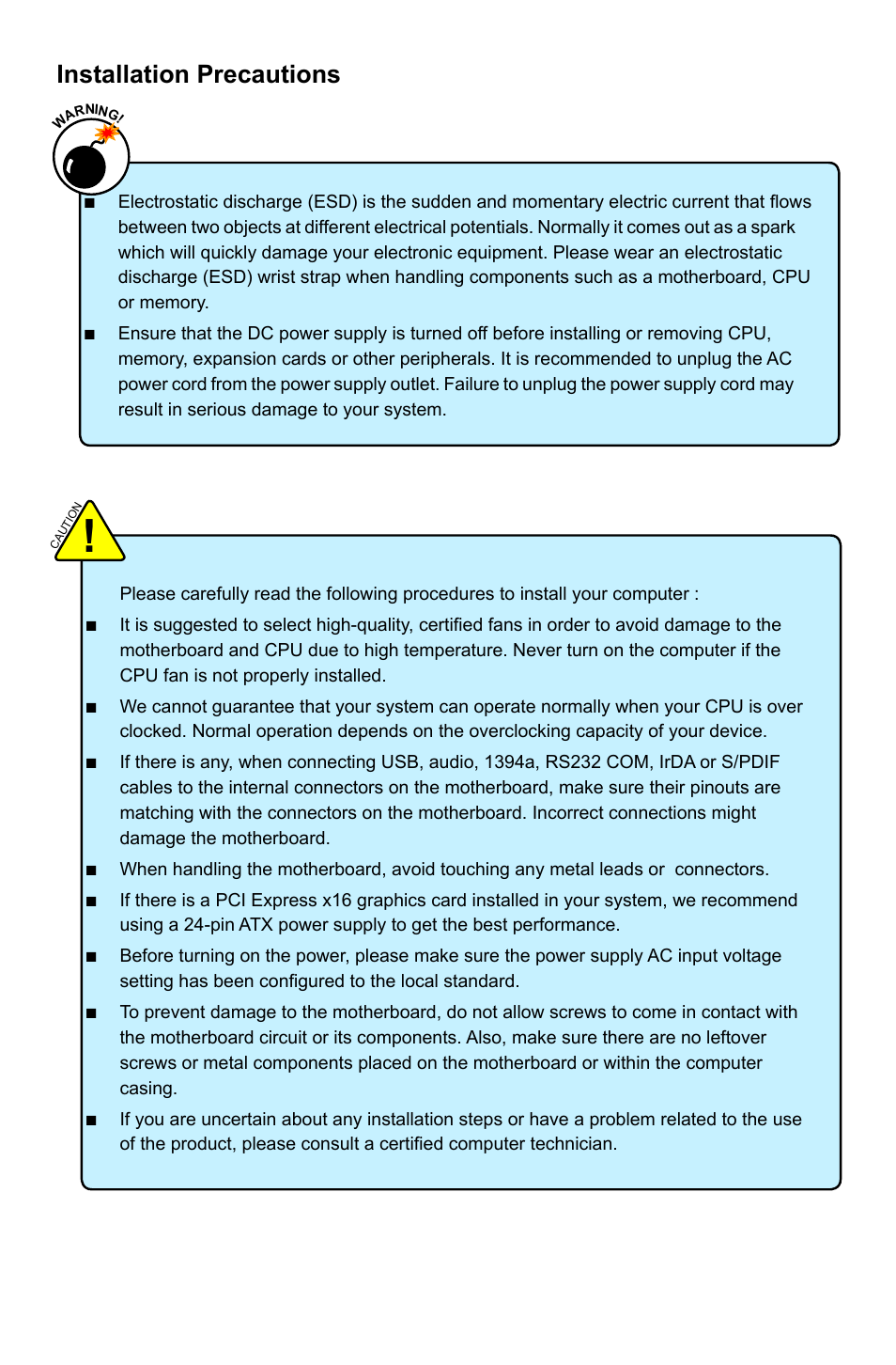 Installation precautions | Foxconn H67MP Series User Manual | Page 5 / 108