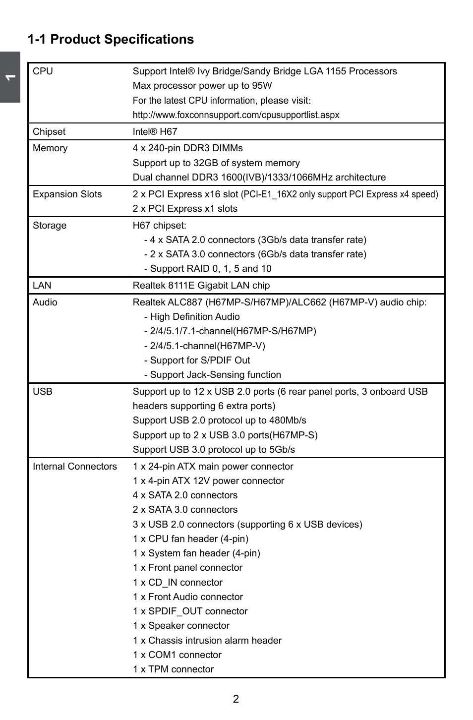 1 product specifications | Foxconn H67MP Series User Manual | Page 9 / 108