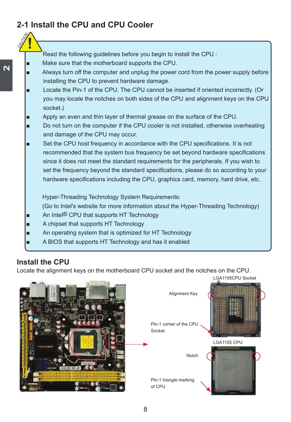 1 install the cpu and cpu cooler, Install the cpu | Foxconn H67S User Manual | Page 15 / 73