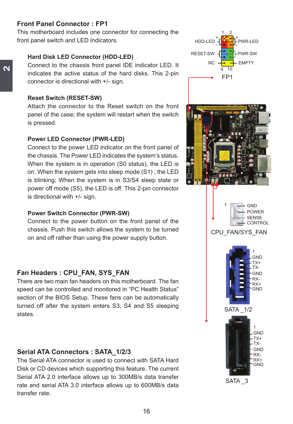 Front panel connector : fp1, Fan headers : cpu_fan, sys_fan, Serial ata connectors : sata_1/2/3 | Foxconn H67S User Manual | Page 23 / 73