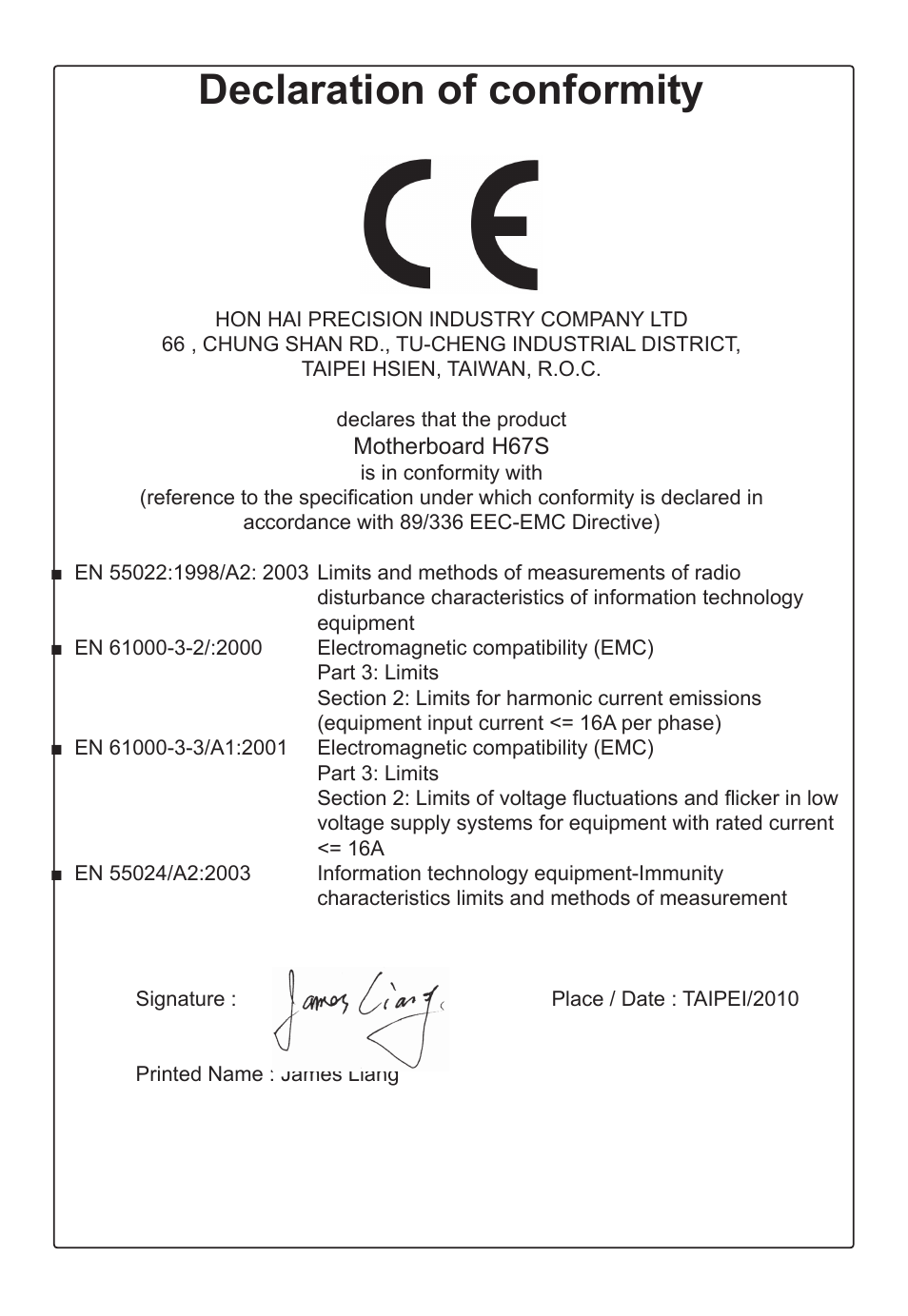 Declaration of conformity | Foxconn H67S User Manual | Page 3 / 73