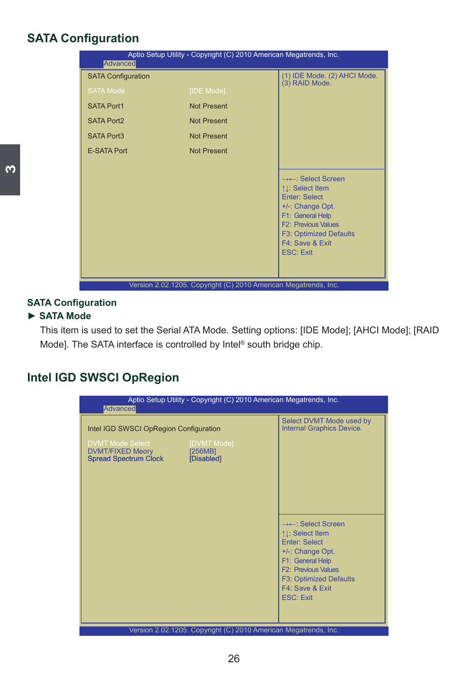Sata configuration, Intel igd swsci opregion, South bridge chip | Foxconn H67S User Manual | Page 33 / 73