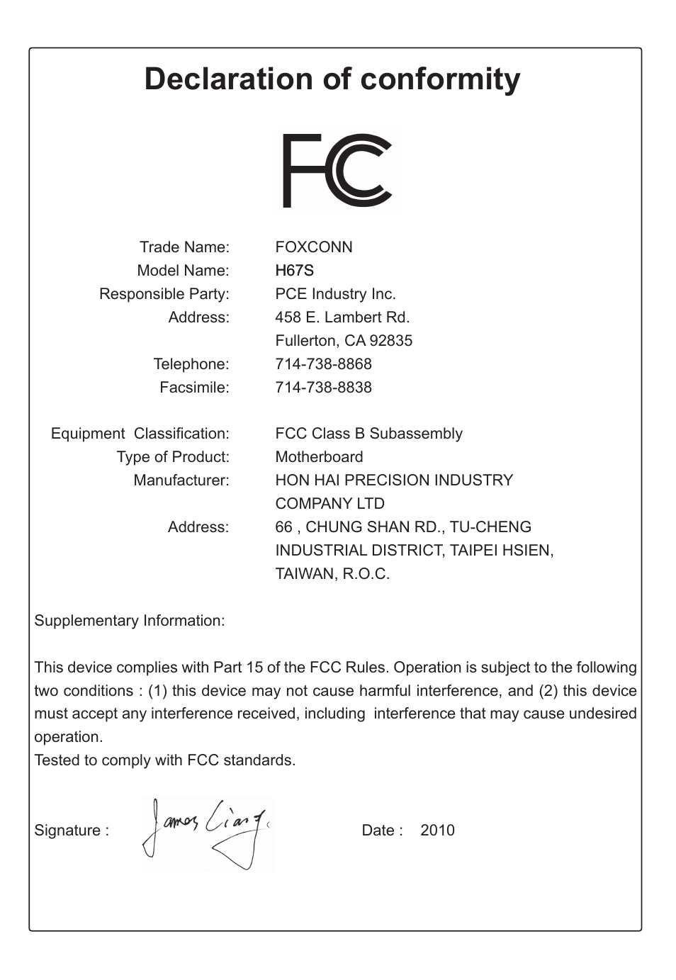 Declaration of conformity | Foxconn H67S User Manual | Page 4 / 73