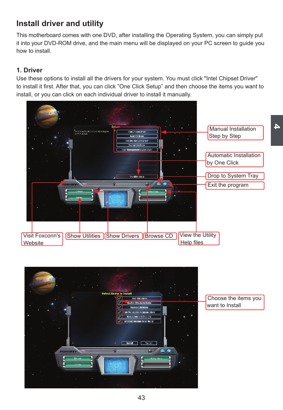 Install driver and utility | Foxconn H67S User Manual | Page 50 / 73