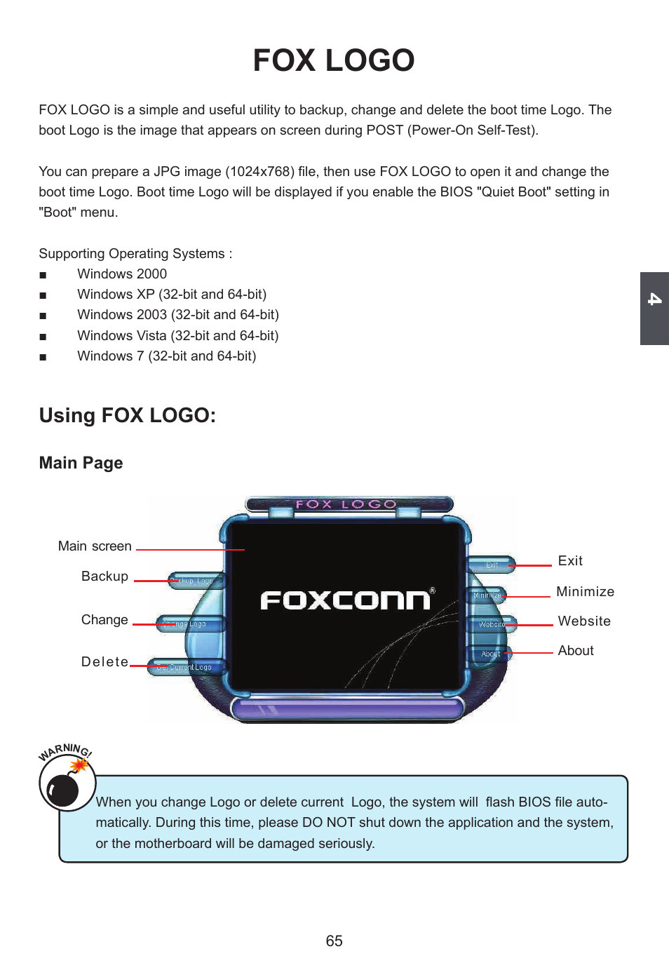 Fox logo, Using fox logo | Foxconn H67S User Manual | Page 72 / 73