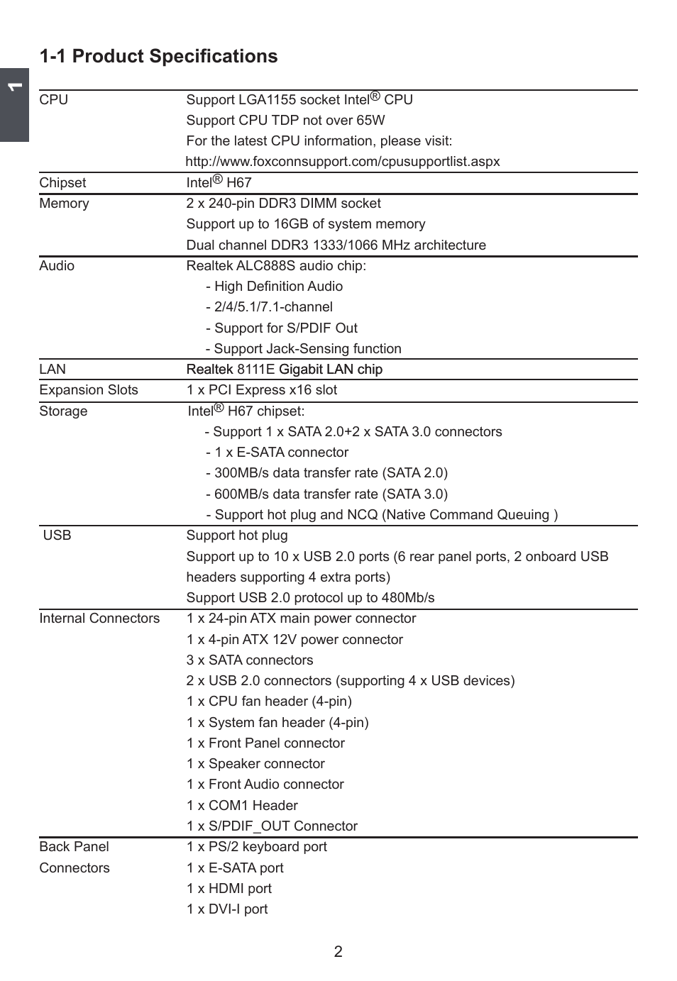 1 product specifications | Foxconn H67S User Manual | Page 9 / 73