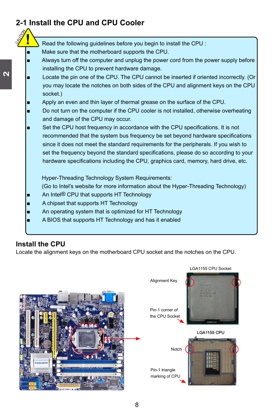 1 install the cpu and cpu cooler, Install the cpu | Foxconn H77M Series User Manual | Page 15 / 106