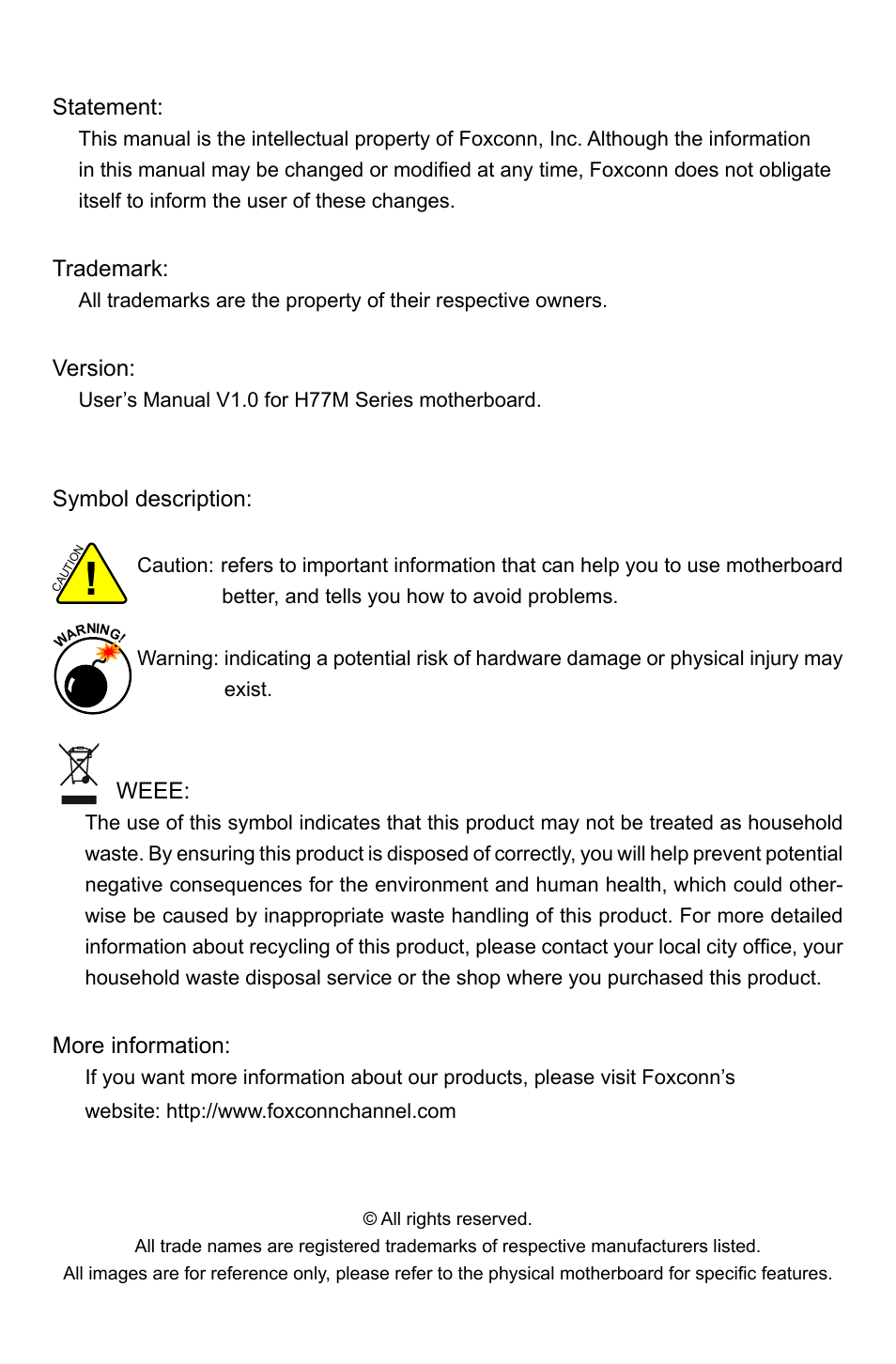 Foxconn H77M Series User Manual | Page 2 / 106