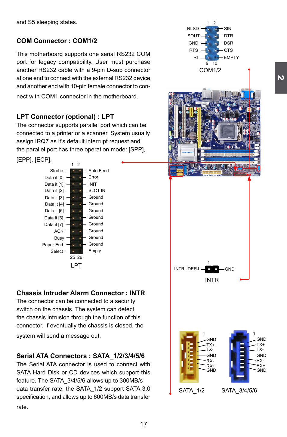 Com connector : com1/2, Lpt connector (optional) : lpt, Chassis intruder alarm connector : intr | Foxconn H77M Series User Manual | Page 24 / 106