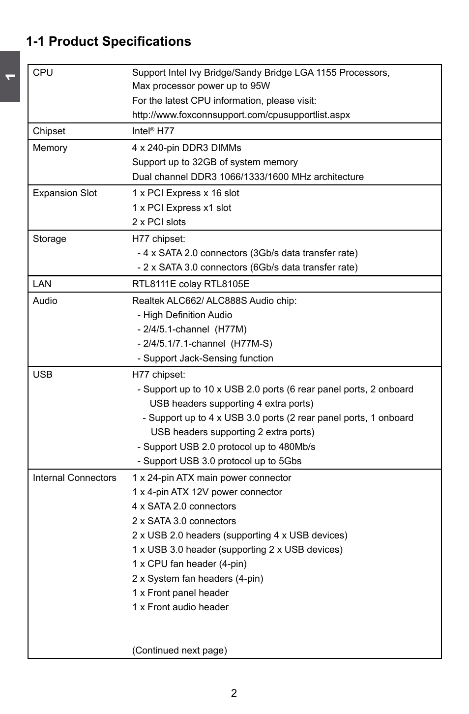 1 product specifications | Foxconn H77M Series User Manual | Page 9 / 106