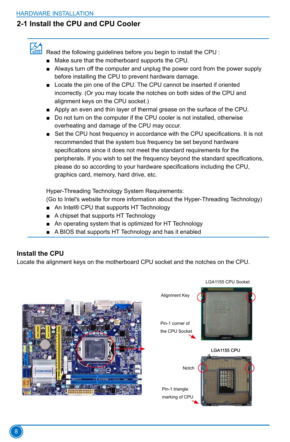 1 install the cpu and cpu cooler, Install the cpu | Foxconn H77MXV Series User Manual | Page 15 / 106