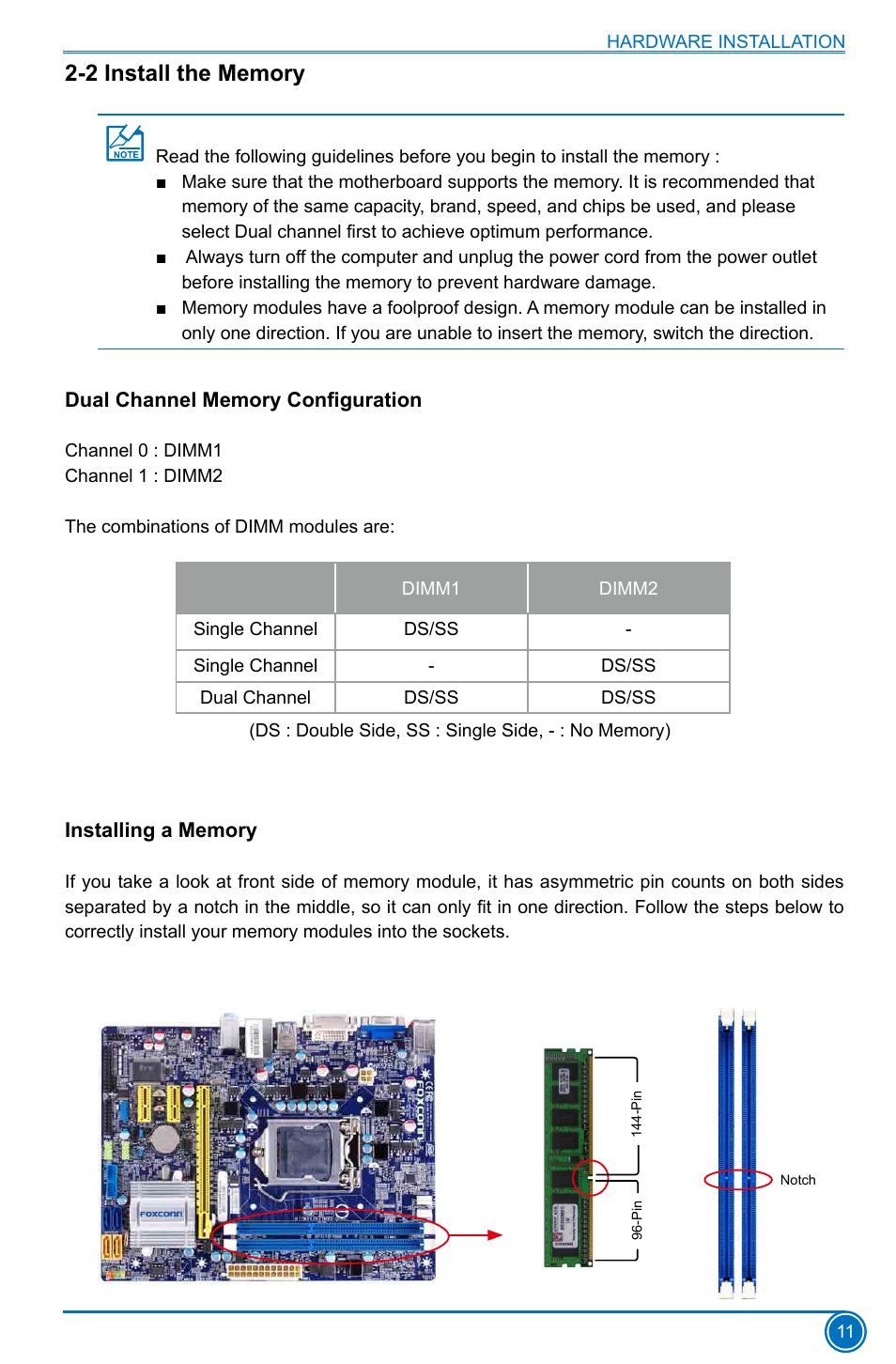2 install the memory, Dual channel memory configuration, Installing a memory | Foxconn H77MXV Series User Manual | Page 18 / 106