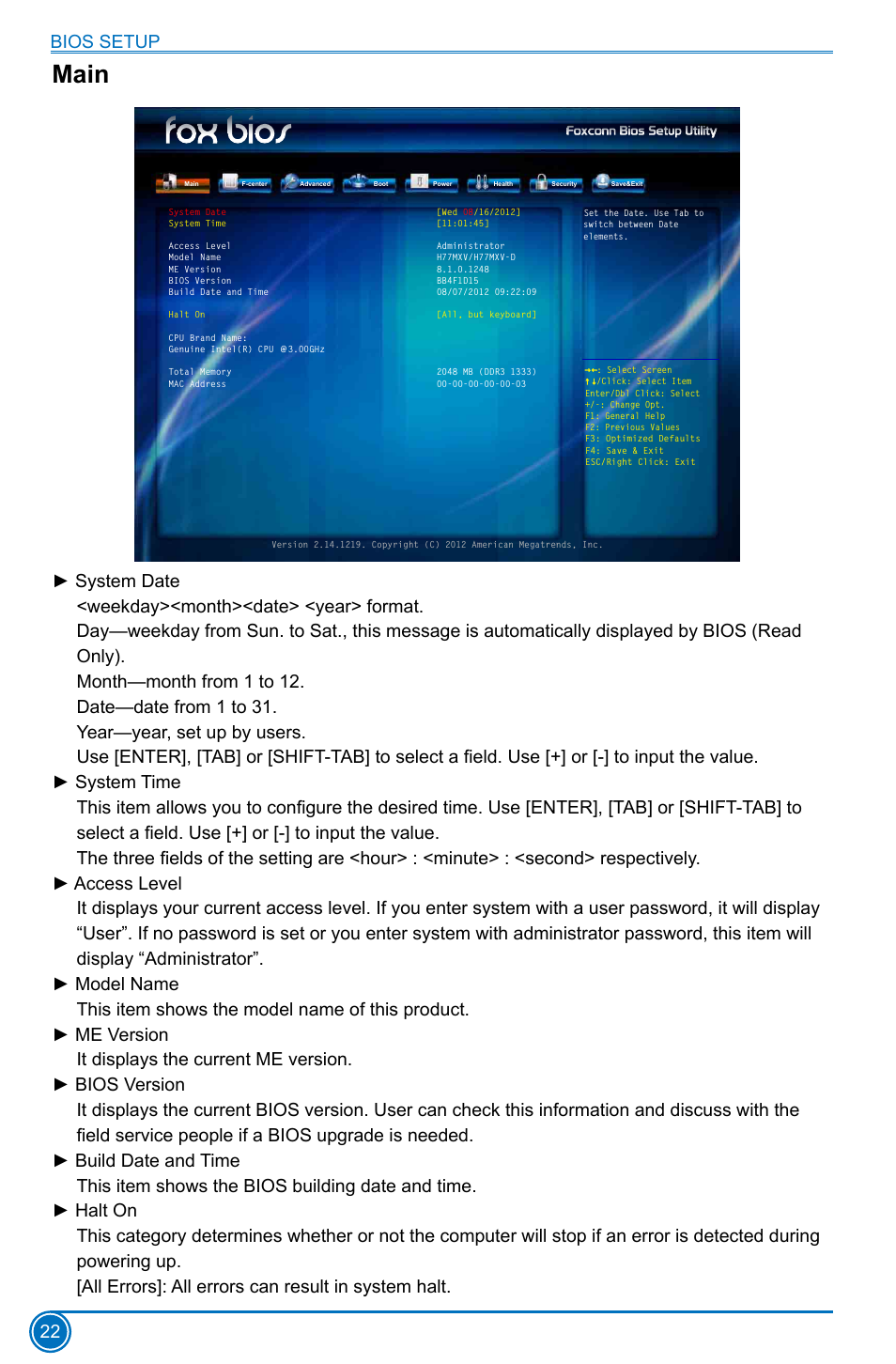 Main, Bios setup 22 | Foxconn H77MXV Series User Manual | Page 29 / 106