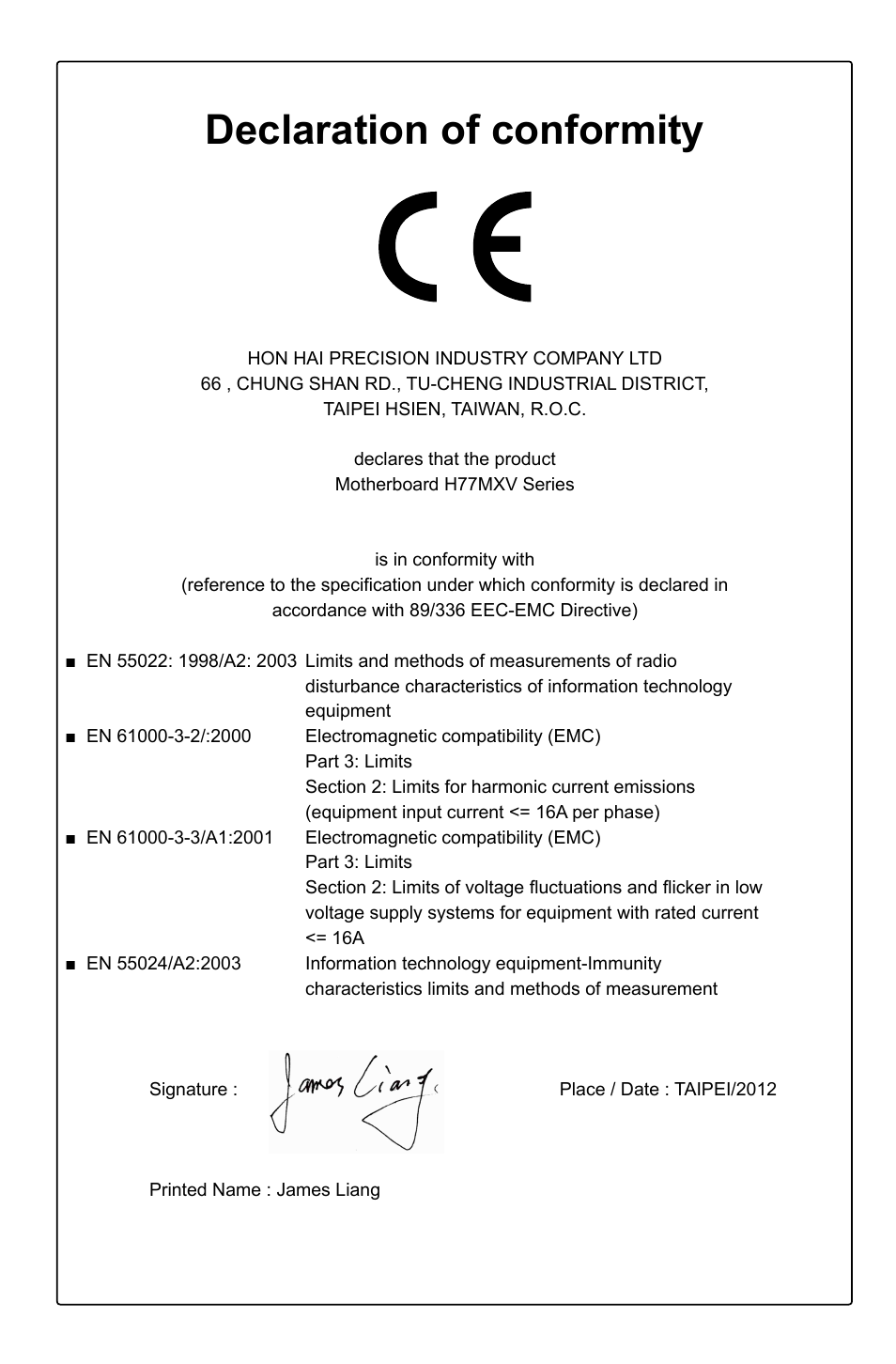 Declaration of conformity | Foxconn H77MXV Series User Manual | Page 3 / 106