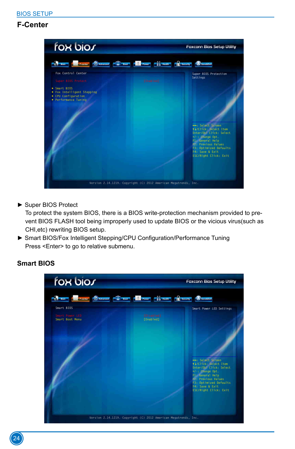 F-center, Smart bios, Bios setup 24 | Foxconn H77MXV Series User Manual | Page 31 / 106