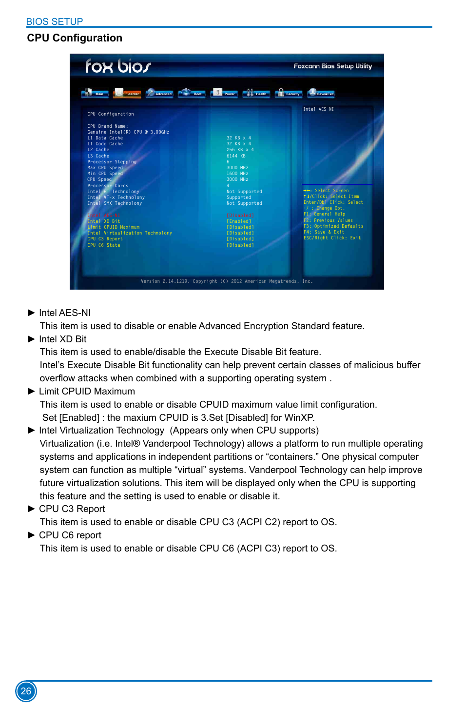 Cpu configuration, Bios setup 26 | Foxconn H77MXV Series User Manual | Page 33 / 106
