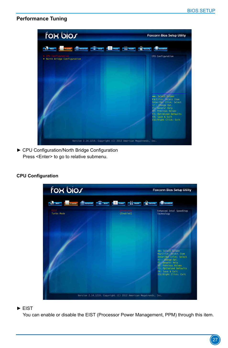 Performance tuning, Bios setup 27 | Foxconn H77MXV Series User Manual | Page 34 / 106