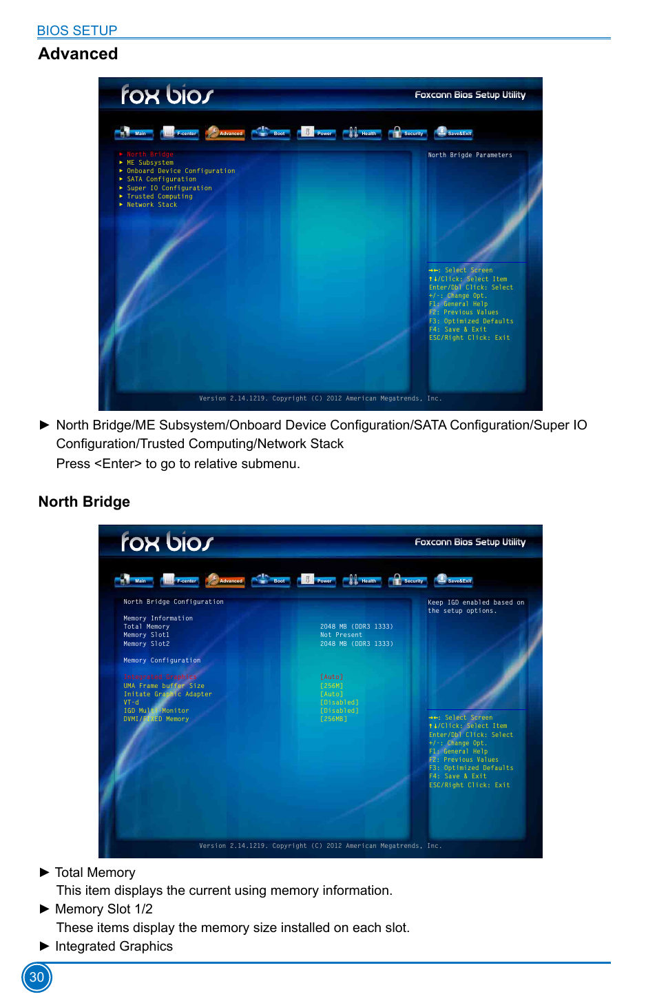 Advanced, North bridge, Bios setup 30 | Foxconn H77MXV Series User Manual | Page 37 / 106
