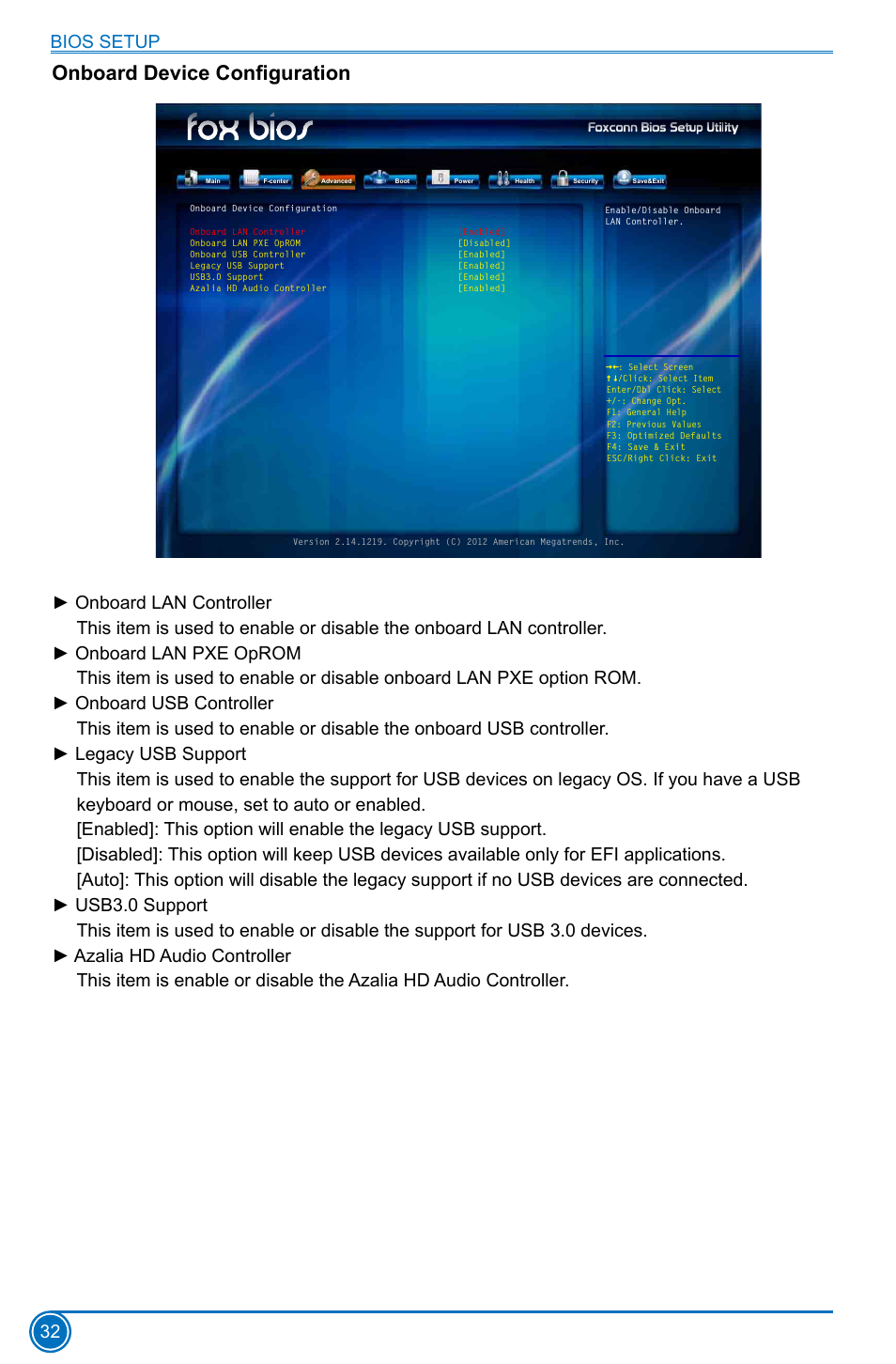 Onboard device configuration, Bios setup 32 | Foxconn H77MXV Series User Manual | Page 39 / 106