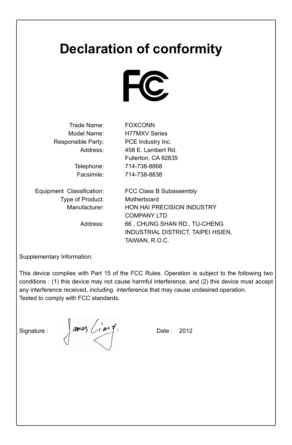 Declaration of conformity | Foxconn H77MXV Series User Manual | Page 4 / 106