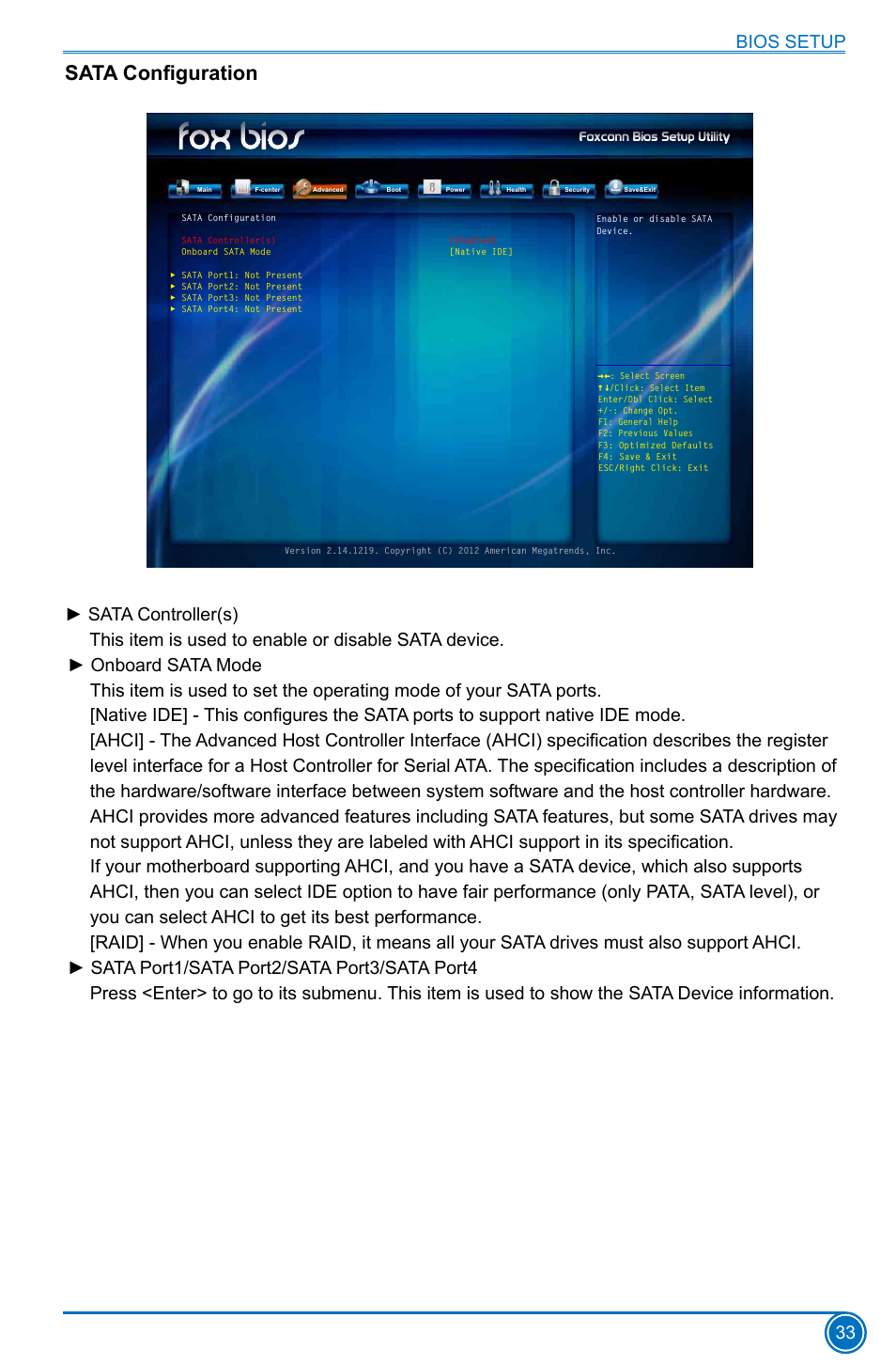 Sata configuration, Bios setup 33 | Foxconn H77MXV Series User Manual | Page 40 / 106
