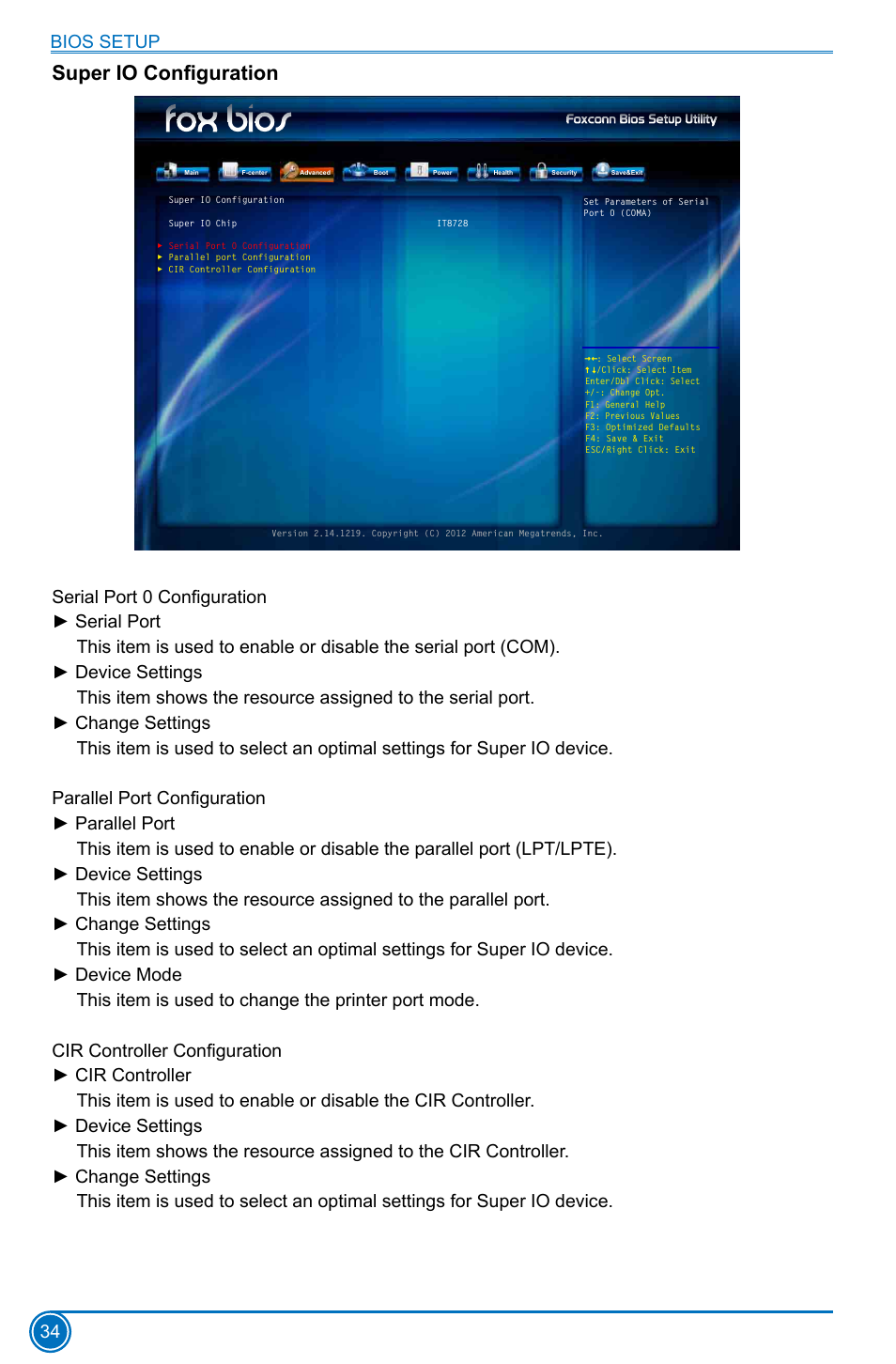 Super io configuration, Bios setup 34 | Foxconn H77MXV Series User Manual | Page 41 / 106