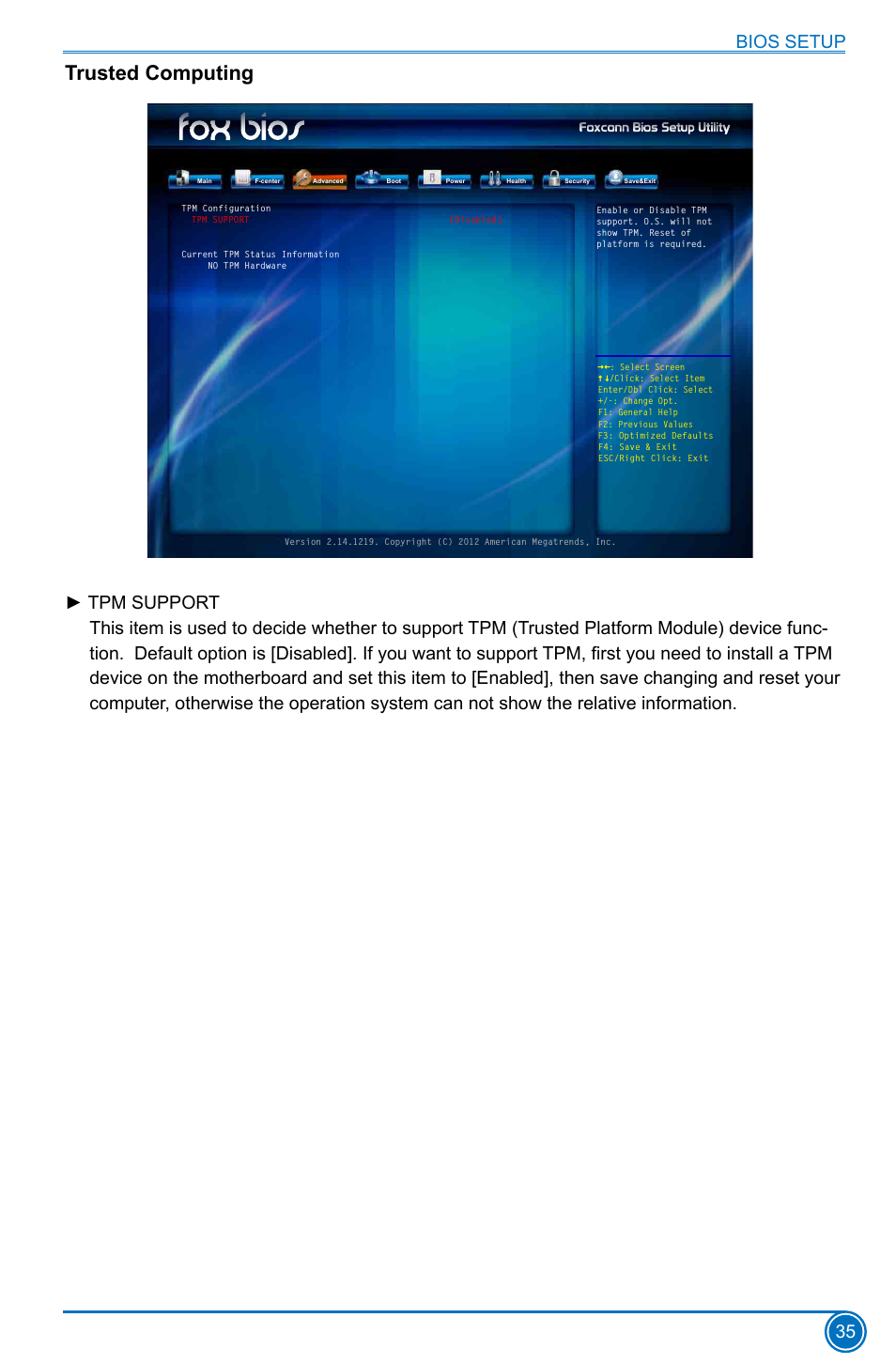 Trusted computing, Bios setup 35 | Foxconn H77MXV Series User Manual | Page 42 / 106