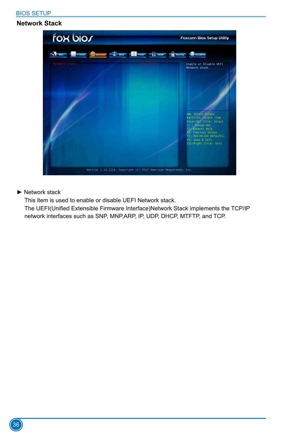 Network stack, Bios setup 36 | Foxconn H77MXV Series User Manual | Page 43 / 106