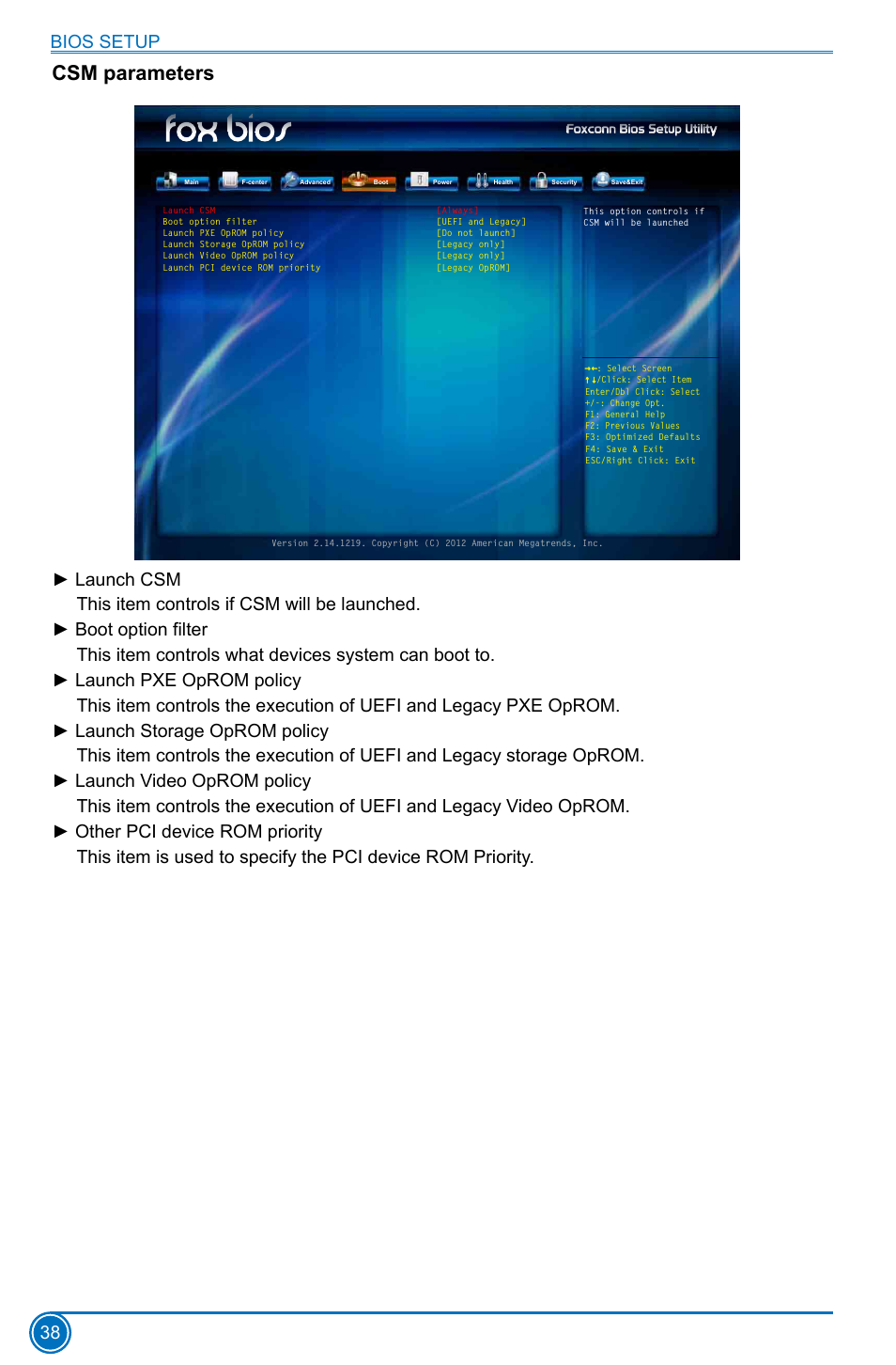 Csm parameters, Bios setup 38 | Foxconn H77MXV Series User Manual | Page 45 / 106