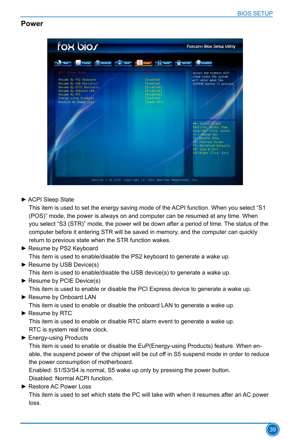 Power, Bios setup 39 | Foxconn H77MXV Series User Manual | Page 46 / 106
