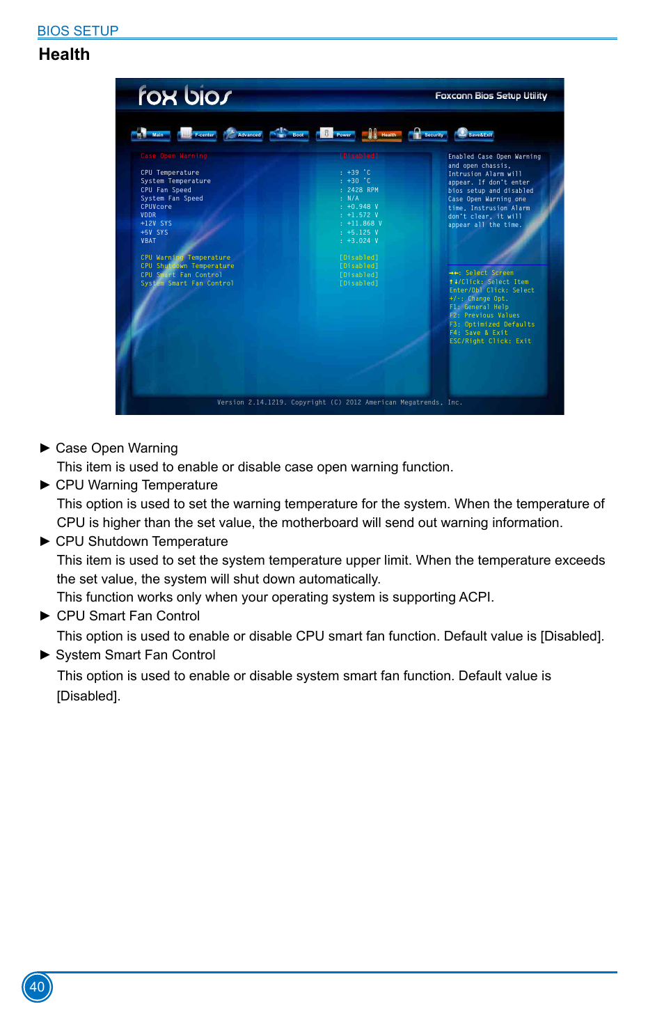 Health, Bios setup 40 | Foxconn H77MXV Series User Manual | Page 47 / 106