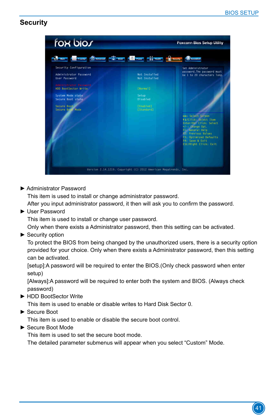 Security, Bios setup 41 | Foxconn H77MXV Series User Manual | Page 48 / 106