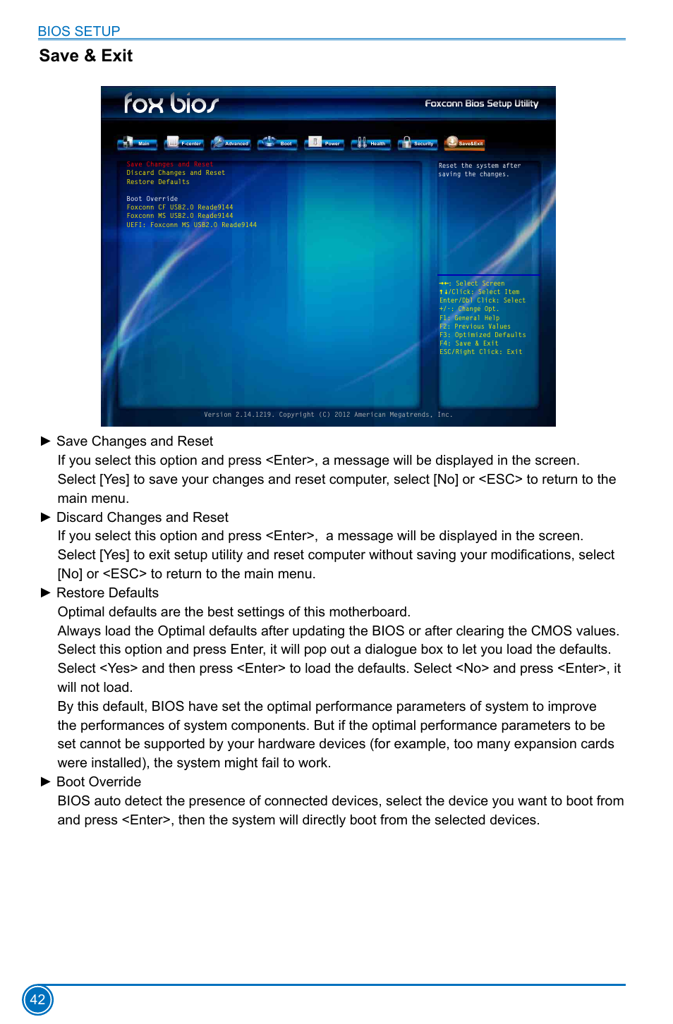 Save & exit, Bios setup 42 | Foxconn H77MXV Series User Manual | Page 49 / 106