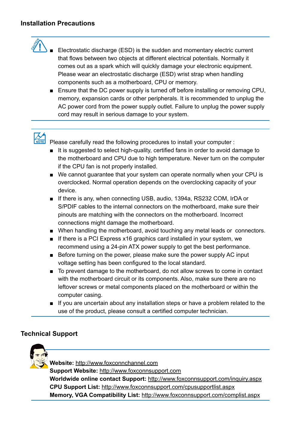 Installation precautions, Technical support | Foxconn H77MXV Series User Manual | Page 5 / 106