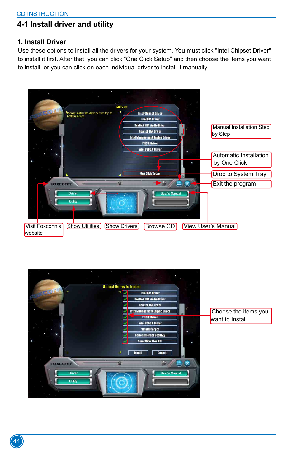 1 install driver and utility, Install driver | Foxconn H77MXV Series User Manual | Page 51 / 106