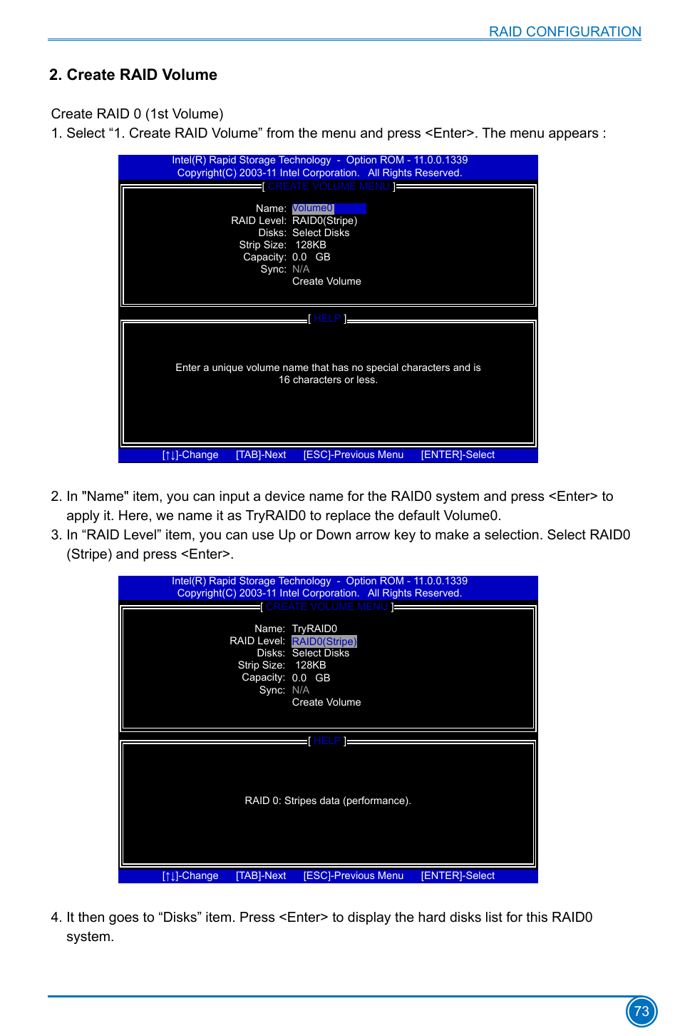 Create raid volume, Raid configuration 73 | Foxconn H77MXV Series User Manual | Page 80 / 106