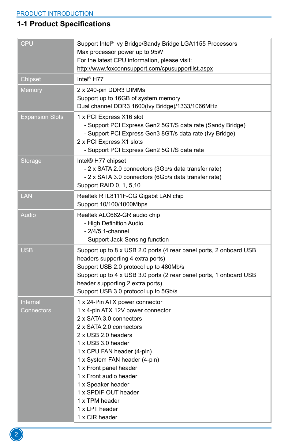 1 product specifications | Foxconn H77MXV Series User Manual | Page 9 / 106