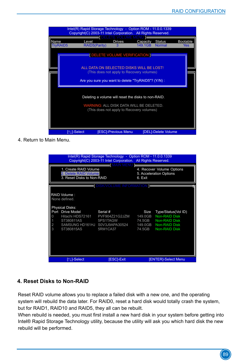 Reset disks to non-raid, Raid configuration 89, Return to main menu | Foxconn H77MXV Series User Manual | Page 96 / 106