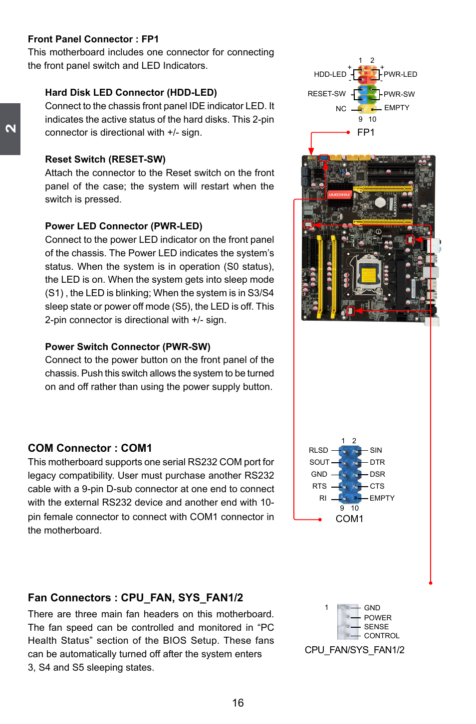 Com connector : com1, Fan connectors : cpu_fan, sys_fan1/2 | Foxconn P67A Series User Manual | Page 23 / 115