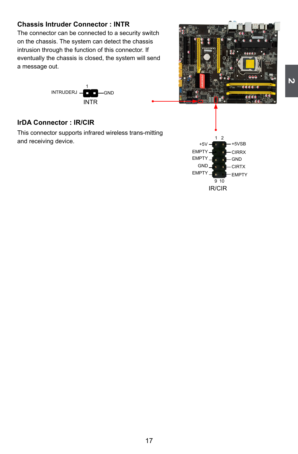 17 chassis intruder connector : intr, Irda connector : ir/cir | Foxconn P67A Series User Manual | Page 24 / 115