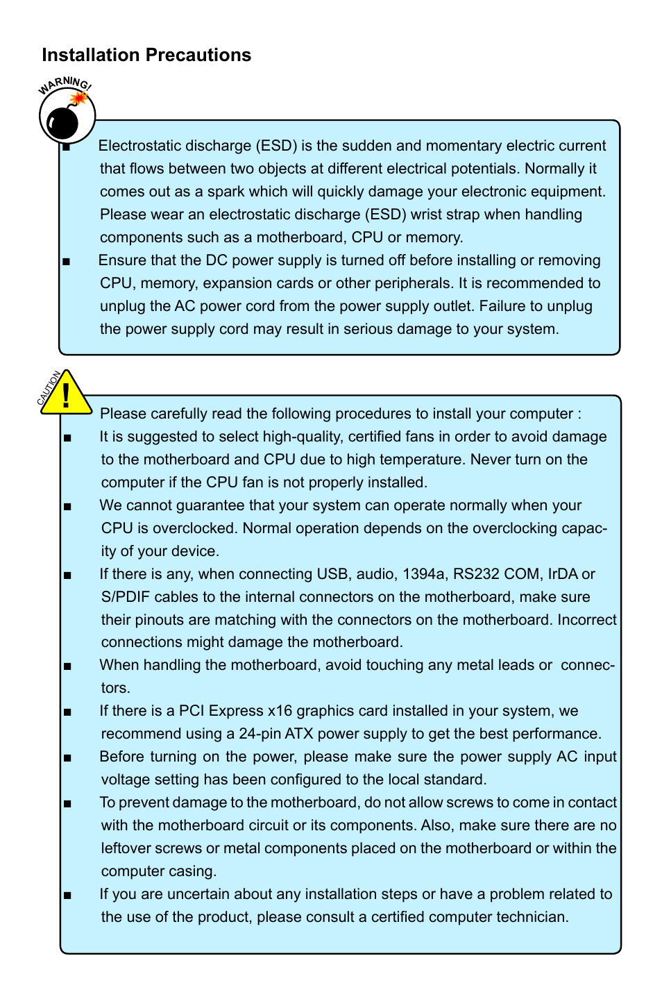 Installation precautions | Foxconn P67A Series User Manual | Page 5 / 115