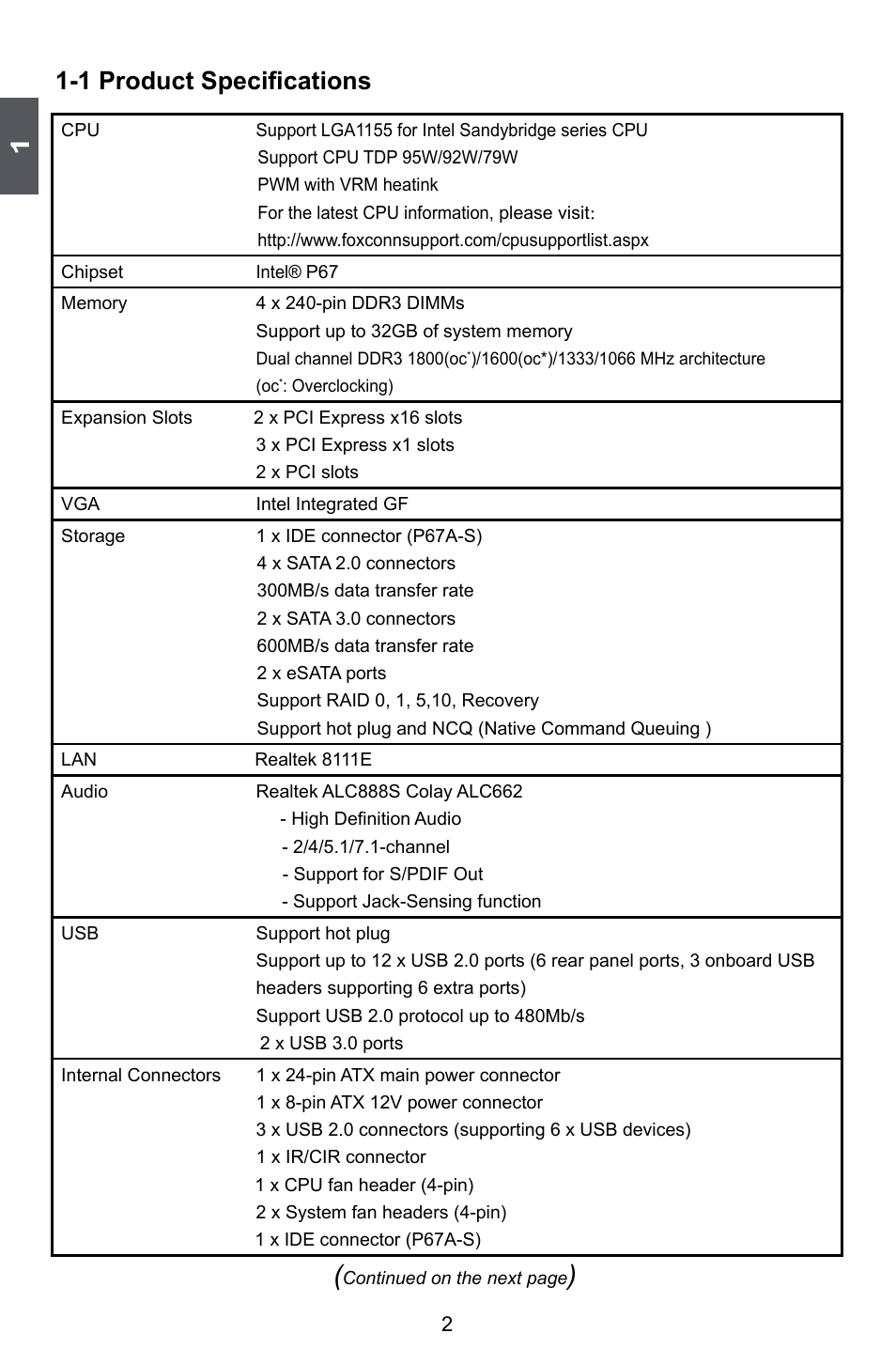 1 product specifications | Foxconn P67A Series User Manual | Page 9 / 115