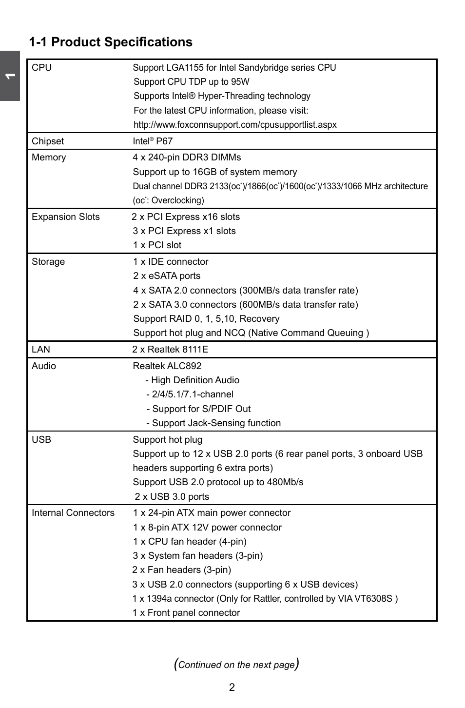 1 product specifications | Foxconn Rattler User Manual | Page 9 / 111