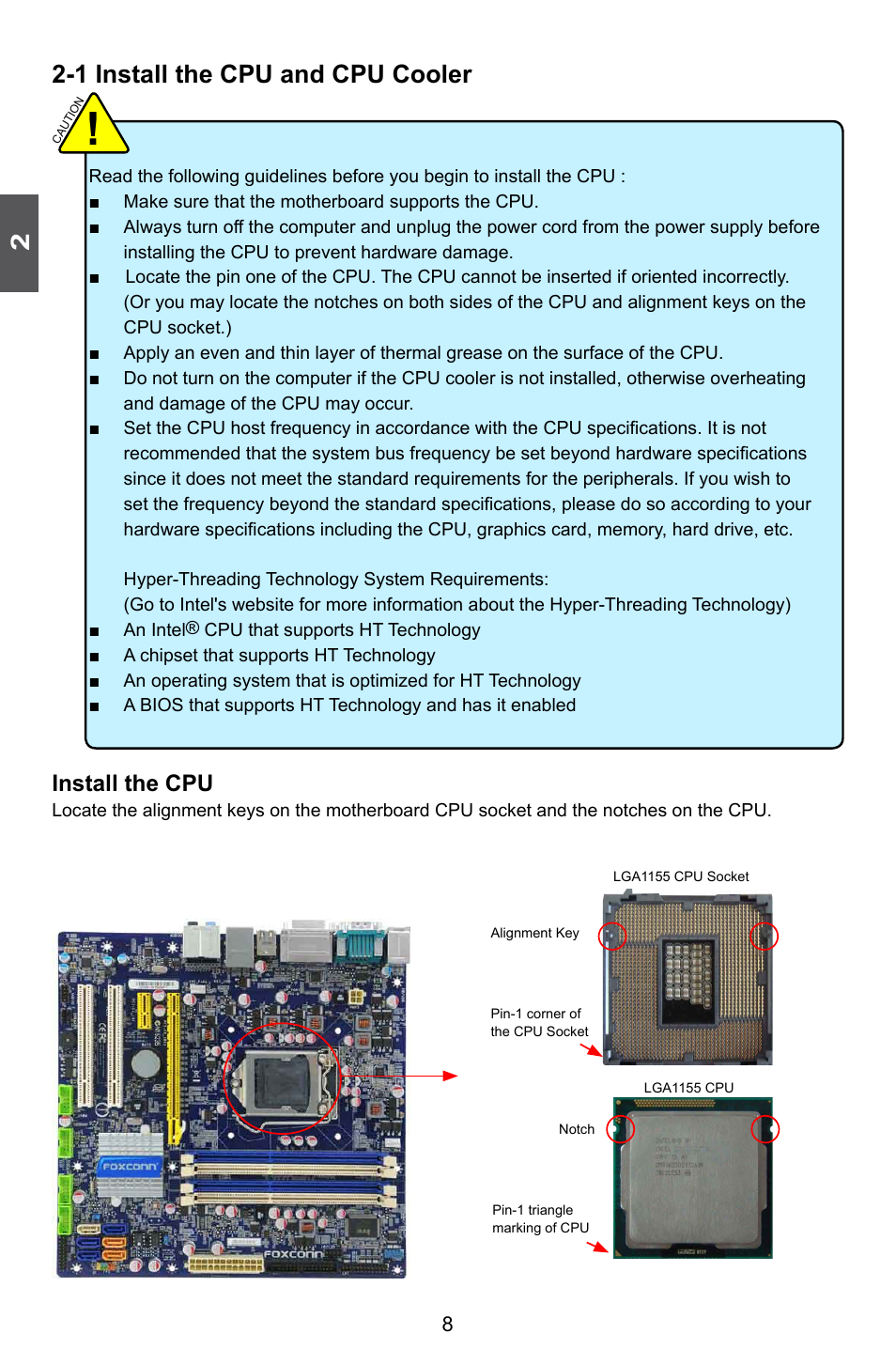 1 install the cpu and cpu cooler, Install the cpu | Foxconn Q67M-S User Manual | Page 15 / 110